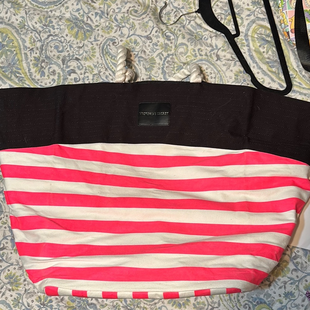 Victoria's Secret Pink and White Striped Tote Bag